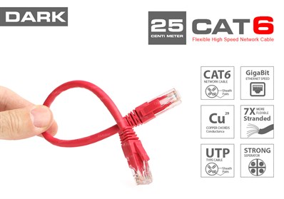 Dark 0,25m Cat6 CU AWG24/7 UTP Kırmızı Patch Network Kablosu
